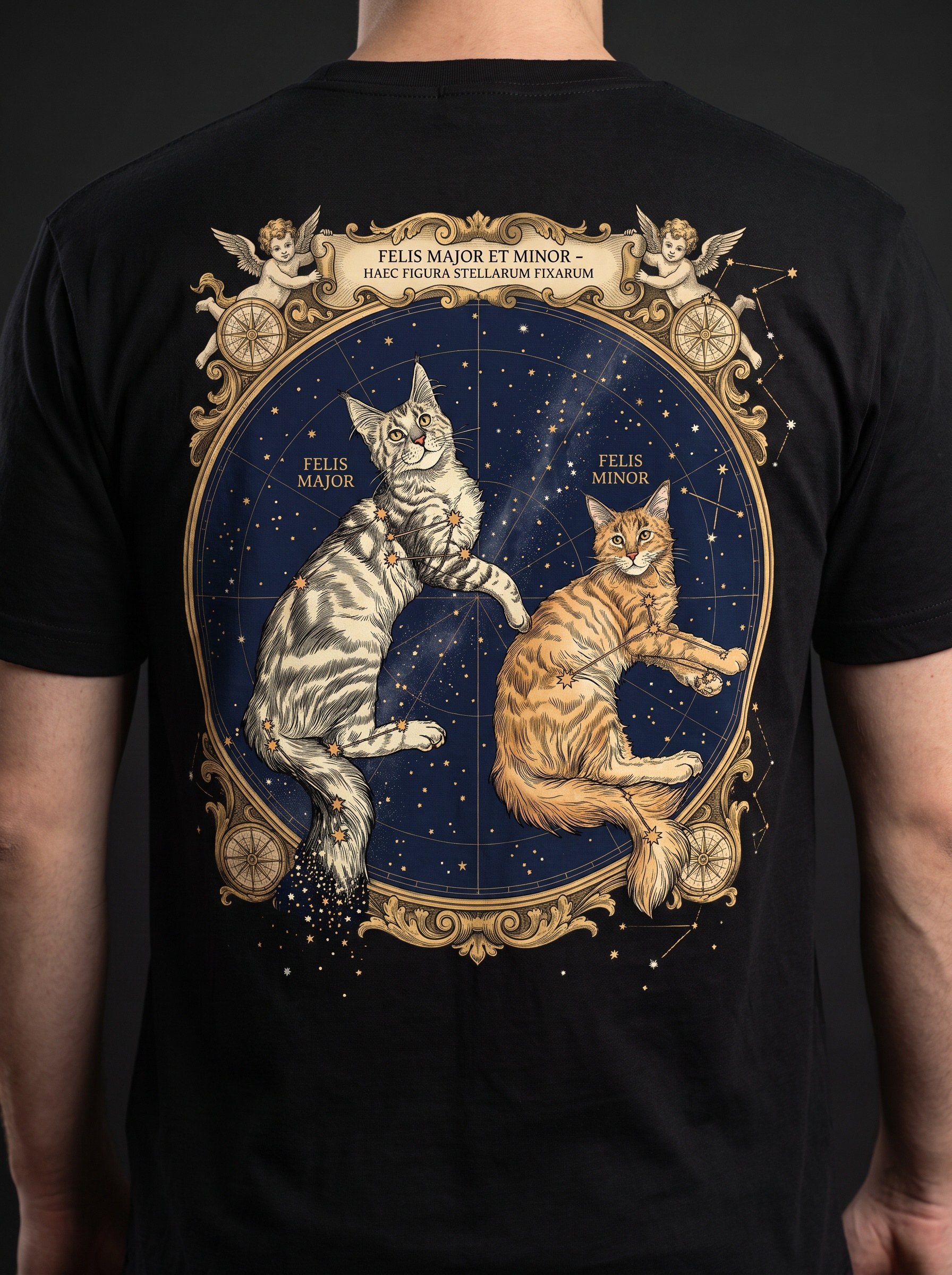 Celestial kitten constellation design worn on a tee