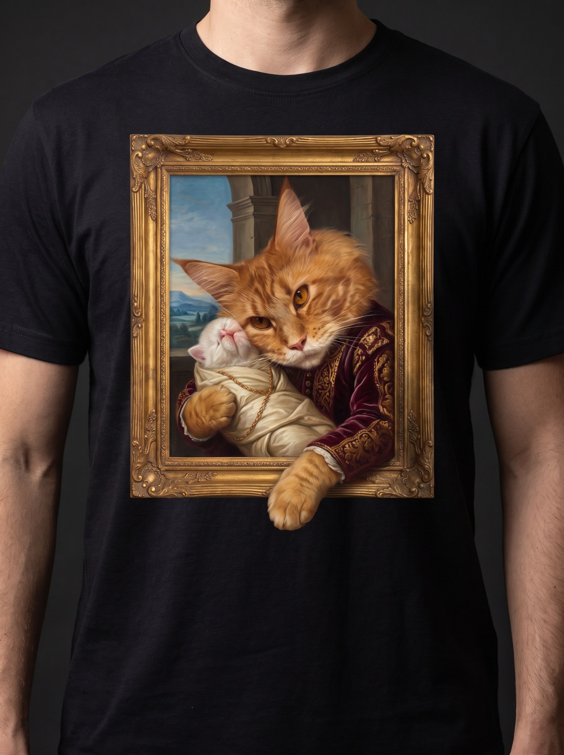 Renaissance cat portrait design worn on a tee