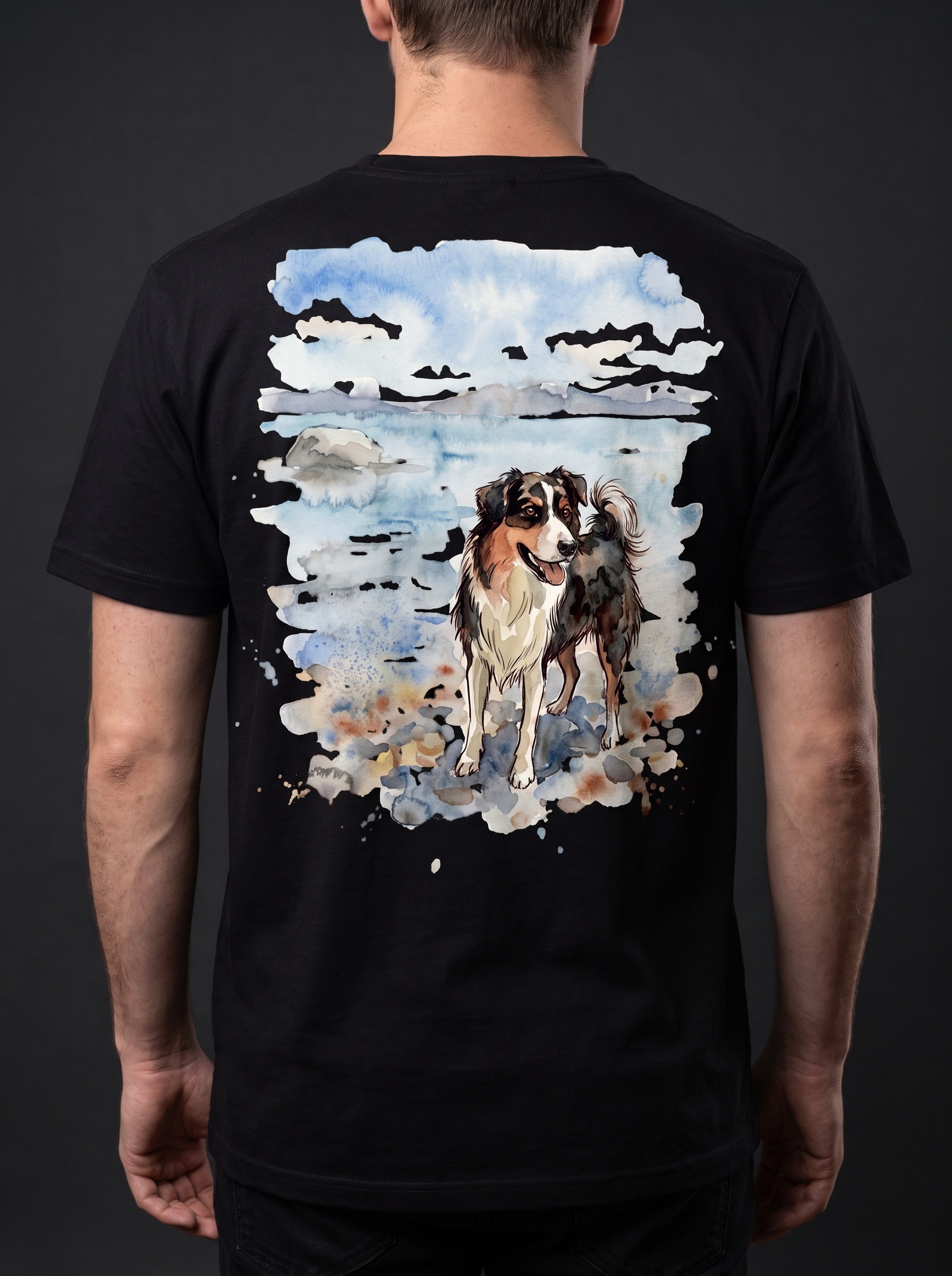 Watercolor shepherd design worn on a tee